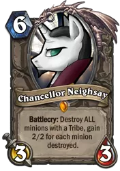 Size: 400x569 | Tagged: artist:shadowreindeer, blizzard entertainment, card, chancellor neighsay, derpibooru import, editor:luxuria, hearthpwny, hearthstone, no pupils, profile, safe, solo, warcraft