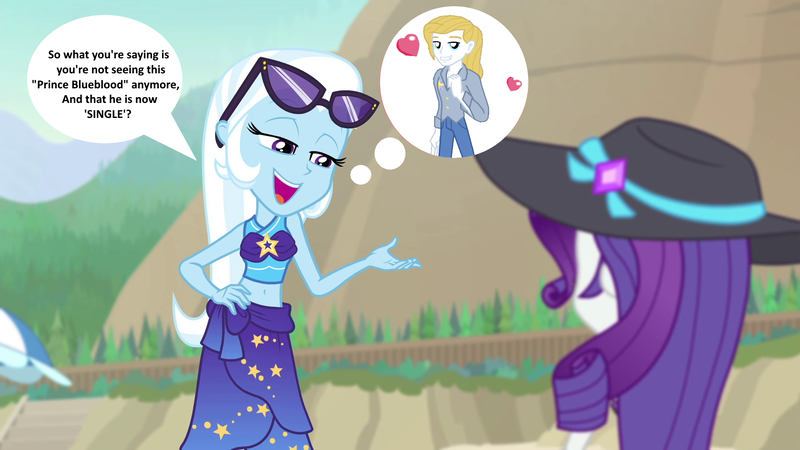 Size: 1920x1080 | Tagged: safe, derpibooru import, edit, edited screencap, screencap, prince blueblood, rarity, trixie, equestria girls, equestria girls series, forgotten friendship, beach, belly button, bikini, bluetrix, clothes, equestria girls-ified, female, hand on hip, hat, heart, male, midriff, sarong, shipping, smiling, speech bubble, straight, sunglasses, swimsuit, thought bubble