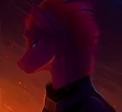 Size: 1702x1575 | Tagged: safe, artist:mich-art, derpibooru import, tempest shadow, pony, unicorn, my little pony: the movie, armor, badass, broken horn, embers, female, lidded eyes, lighting, looking at you, mare, neck fluff, profile, solo