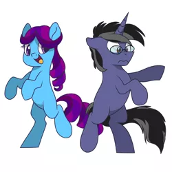 Size: 3000x3000 | Tagged: safe, artist:glitterstar2000, derpibooru import, oc, oc:diva nuit, unofficial characters only, earth pony, pony, unicorn, clumsy, dancing, female, glasses, k-pop, male, offspring, parent:coloratura, parents:canon x oc, ponysona