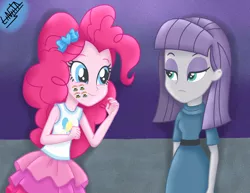 Size: 1100x850 | Tagged: safe, artist:liniitadash23, derpibooru import, maud pie, pinkie pie, equestria girls, equestria girls series, the maud couple, clothes, dress, equestria girls interpretation, female, lidded eyes, looking at each other, scene interpretation, sisters, skirt, smiling