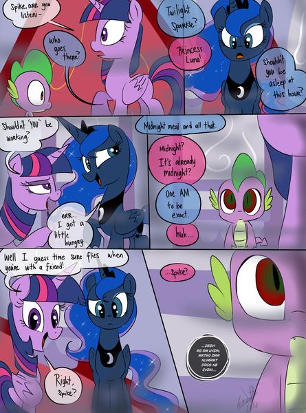 Size: 900x1214 | Tagged: semi-grimdark, artist:emositecc, derpibooru import, princess luna, spike, twilight sparkle, twilight sparkle (alicorn), alicorn, dragon, pony, comic:empty halls, comic, dialogue, female, foreign language, male, mare, possessed, red eyes, this will not end well