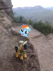 Size: 1024x1371 | Tagged: safe, artist:didgereethebrony, derpibooru import, daring do, rainbow dash, blue mountains, cliff, cute, dashabetes, fangirl, figure, figurine, happy, irl, katoomba, mlp in australia, obsessed, obsession, photo, photobomb, ponies around the world, ponies in real life, smiling, squee, toy, trail