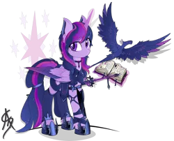 Size: 3224x2599 | Tagged: safe, artist:aleriastarlight, derpibooru import, twilight sparkle, twilight sparkle (alicorn), alicorn, phoenix, pony, alternate hairstyle, armor, badass, book, boots, clothes, coat markings, colored wings, cutie mark, cutie mark background, cutie mark clothes, dark phoenix, digital art, ear fluff, epic, female, glowing horn, high res, jewelry, leg strap, leggings, looking sideways, magic, mare, necklace, scarf, shoes, signature, solo, starry mane, style emulation, sword, tail band, telekinesis, transparent background, vector, weapon, wing armor, wingding eyes