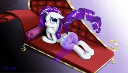 Size: 5550x3200 | Tagged: suggestive, artist:darksly, derpibooru import, rarity, pony, unicorn, blushing, clothes, featureless crotch, female, mare, pose, see-through, sofa bed, solo, solo female, tail lift, wallpaper