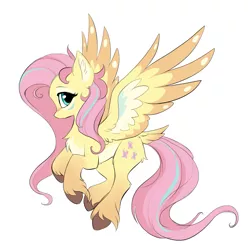 Size: 1197x1205 | Tagged: safe, artist:hioshiru, derpibooru import, fluttershy, pegasus, pony, alternate design, blushing, chest fluff, colored hooves, colored wings, colored wingtips, cute, ear fluff, female, flying, gradient hooves, leg fluff, looking at you, mare, multicolored hair, multicolored mane, multicolored tail, multicolored wings, profile, redesign, shyabetes, simple background, solo, spread wings, tail feathers, unshorn fetlocks, white background, wings