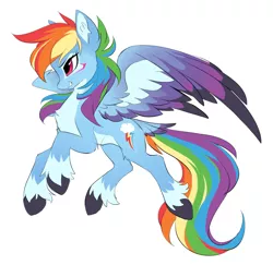 Size: 1286x1250 | Tagged: safe, artist:hioshiru, derpibooru import, rainbow dash, pegasus, pony, alternate design, chest fluff, colored hooves, colored wings, colored wingtips, cutie mark, ear fluff, female, flying, gritted teeth, leg fluff, looking forward, mare, multicolored wings, redesign, simple background, smiling, solo, spread wings, tail feathers, unshorn fetlocks, white background, wings