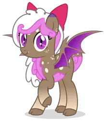 Size: 1400x1591 | Tagged: safe, artist:limedreaming, derpibooru import, oc, oc:devil cherry, bat pony, pony, bow, cloven hooves, female, hair bow, mare, simple background, solo, transparent background