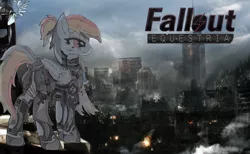 Size: 1618x998 | Tagged: safe, artist:aleriastarlight, artist:lightning5trike, derpibooru import, rainbow dash, pegasus, pony, fallout equestria, alternate hairstyle, armor, bandage, city, cityscape, ear fluff, eye scar, female, fire, frown, mare, ministry mares, ponytail, ruins, scar, solo, tail wrap, wallpaper