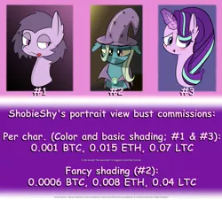 Size: 1950x1763 | Tagged: safe, artist:shobieshy, derpibooru import, starlight glimmer, trixie, oc, oc:bee, pony, unicorn, bedroom eyes, bitcoin, bust, candy, comic sans, commission info, confused, ear fluff, ethereum, female, floppy ears, food, litecoin, lollipop, magic, mare, nervous