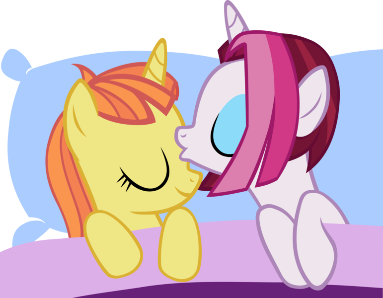 Size: 4436x3453 | Tagged: safe, artist:ironm17, derpibooru import, cayenne, citrus blush, pony, unicorn, blanket, citruyenne, eyes closed, female, kissing, lesbian, love, pillow, shipping, simple background, smiling, transparent background, vector