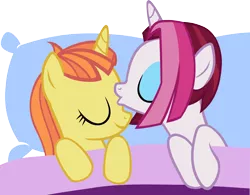 Size: 4436x3453 | Tagged: safe, artist:ironm17, derpibooru import, cayenne, citrus blush, pony, unicorn, blanket, citruyenne, eyes closed, female, kissing, lesbian, love, pillow, shipping, simple background, smiling, transparent background, vector