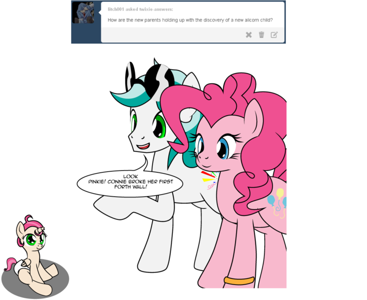 Size: 1026x839 | Tagged: safe, artist:dekomaru, derpibooru import, pinkie pie, oc, oc:confetti, oc:dazzle, alicorn, earth pony, pony, tumblr:ask twixie, alicorn oc, ask, baby, baby pony, diaper, female, filly, foal, fourth wall, offspring, parent:oc:dazzle, parent:pinkie pie, parents:canon x oc, tumblr