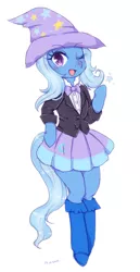 Size: 666x1294 | Tagged: safe, artist:divided-s, derpibooru import, trixie, pony, semi-anthro, unicorn, blushing, boots, clothes, cute, diatrixes, female, hat, looking at you, mare, moe, one eye closed, shoes, simple background, skirt, solo, trixie's hat, white background