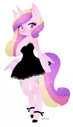 Size: 900x1558 | Tagged: alicorn, anthro, arm hooves, artist:divided-s, blushing, both cutie marks, clothes, derpibooru import, dress, female, looking at you, mare, princess cadance, safe, simple background, solo, unguligrade anthro