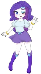 Size: 461x835 | Tagged: safe, artist:divided-s, derpibooru import, rarity, equestria girls, belt, boots, bracelet, clothes, cute, female, hairpin, jewelry, looking at you, moe, nail polish, one eye closed, raribetes, shirt, shoes, simple background, skirt, white background, wink