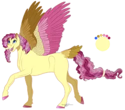 Size: 1276x1126 | Tagged: safe, artist:bijutsuyoukai, derpibooru import, oc, unofficial characters only, pegasus, pony, colored hooves, colored wings, female, magical lesbian spawn, mare, multicolored wings, offspring, parent:fluttershy, parent:pinkie pie, parents:flutterpie, raised hoof, simple background, solo, spread wings, tail feathers, transparent background, wings