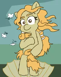 Size: 952x1206 | Tagged: safe, artist:threetwotwo32232, derpibooru import, oc, oc:venus, unofficial characters only, earth pony, pony, 30 minute art challenge, birth of venus, female, mare, seashell, solo