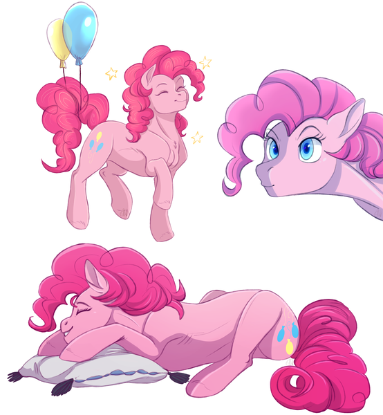 Size: 2788x3018 | Tagged: safe, artist:1an1, derpibooru import, pinkie pie, earth pony, pony, balloon, female, happy, mare, pillow, simple background, sleeping, smiling, white background