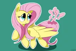Size: 3496x2362 | Tagged: safe, artist:taurson, derpibooru import, fluttershy, butterfly, pegasus, pony, female, green background, head turn, looking at something, looking away, looking up, mare, outline, simple background, smiling, solo, spread wings, wings