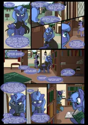 Size: 1240x1754 | Tagged: safe, artist:lunarcakez, derpibooru import, princess luna, oc, earth pony, pigeon, pony, comic:the origins of hollow shades, book, cloak, clothes, comic, library, mouth hold, s1 luna