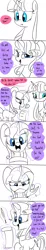 Size: 500x2700 | Tagged: safe, artist:emositecc, derpibooru import, rarity, twilight sparkle, twilight sparkle (alicorn), alicorn, pony, unicorn, comic:sparkle, alternate cutie mark, alternate eye color, alternate hairstyle, alternate universe, comic, dialogue, duo, female, floppy ears, levitation, list, magic, mare, monochrome, quill, scowl, simple background, telekinesis, white background