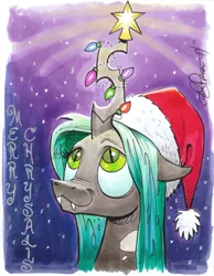 Size: 10216x13165 | Tagged: :3, absurd file size, absurd resolution, artist:andypriceart, christmas, christmas changeling, christmas lights, cute, cutealis, derpibooru import, gold star, hat, holiday, looking up, merry christmas, merry chrysalis, queen christmas, queen chrysalis, safe, santa hat, scanned, solo, too big for derpibooru, traditional art