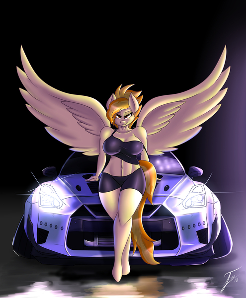 Size: 3300x4000 | Tagged: alternate hairstyle, anthro, artist:nexcoyotlgt, breasts, busty spitfire, camber, car, clothes, derpibooru import, digital art, female, high res, looking at you, mare, nissan, nissan gt-r, pegasus, rocket bunny, sexy, solo, solo female, spitfire, spread wings, suggestive, sultry pose, supercar, unguligrade anthro, wings