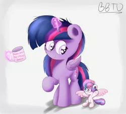 Size: 3000x2700 | Tagged: safe, artist:bronybehindthedoor, derpibooru import, princess flurry heart, twilight sparkle, twilight sparkle (alicorn), alicorn, pony, aunt and niece, auntie twilight, baby, baby pony, coffee mug, cute, magic, mug, telekinesis