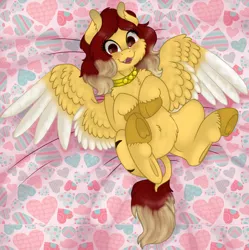 Size: 720x722 | Tagged: safe, artist:69beas, derpibooru import, oc, oc:jessie feuer, unofficial characters only, pegasus, pony, bed, belly fluff, chest fluff, collar, colored hooves, cute, digital art, fangs, female, frog (hoof), happy, laying on bed, leonine tail, lying down, open mouth, smiling, solo, spread wings, underhoof, unshorn fetlocks, wings