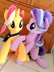 Size: 767x1024 | Tagged: safe, artist:nekokevin, derpibooru import, starlight glimmer, sunset shimmer, pony, unicorn, cute, duo, female, glimmerbetes, holding hooves, irl, mare, photo, plushie, raised hoof, shimmerbetes, sitting, smiling