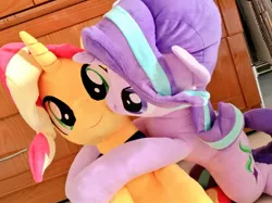 Size: 1024x767 | Tagged: safe, artist:nekokevin, derpibooru import, starlight glimmer, sunset shimmer, pony, unicorn, series:nekokevin's glimmy, cute, duo, female, glimmerbetes, hug, irl, mare, photo, plushie, raised hoof, shimmerbetes, smiling