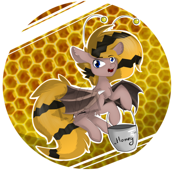 Size: 1422x1400 | Tagged: safe, artist:notmywing, derpibooru import, oc, oc:rii, bat pony, bee, animal costume, bat pony oc, bee costume, bucket, clothes, costume, simple background, solo, transparent background, watermark