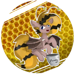 Size: 1422x1400 | Tagged: safe, artist:notmywing, derpibooru import, oc, oc:rii, bat pony, bee, animal costume, bat pony oc, bee costume, bucket, clothes, costume, simple background, solo, transparent background, watermark