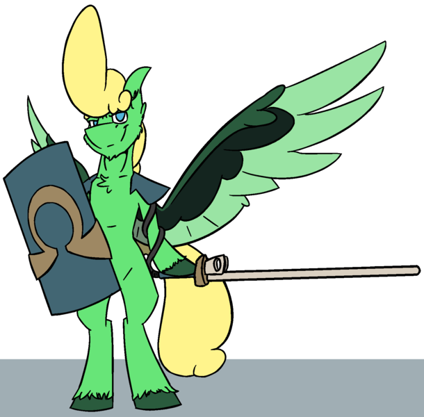 Size: 1643x1615 | Tagged: safe, artist:omegapex, derpibooru import, oc, oc:omega, pegasus, pony, blue eyes, shield, solo, weapon, wings, yellow hair