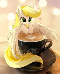 Size: 888x1100 | Tagged: safe, artist:tomatocoup, derpibooru import, oc, oc:dandelion blossom, unofficial characters only, pegasus, pony, blonde, blonde hair, cappuccino, coffee, cream art, cute, female, irl, micro, ocbetes, photo, pocket pony, ponies in real life, smiling, solo, spread wings, tiny, tiny ponies, wings