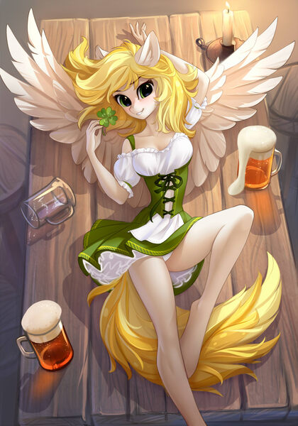 Size: 1000x1427 | Tagged: adorasexy, alcohol, alternate version, anthro, artist:tomatocoup, beer, blonde, blonde hair, blushing, breasts, candle, clothes, clover, corset, cute, derpibooru import, dress, female, four leaf clover, looking at you, lying, multiple variants, oc, oc:dandelion blossom, panties, pegasus, sexy, smiling, solo, solo female, suggestive, table, tavern, underwear, unguligrade anthro, unofficial characters only, white underwear, ych result