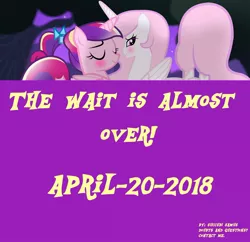 Size: 1400x1355 | Tagged: announcement, artist:succubi samus, blushing, derpibooru import, eyes closed, folder, pink-mane celestia, preview, princess cadance, princess celestia, promotional art, release date, suggestive, teen princess cadance, text