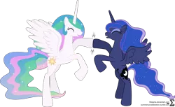 Size: 10820x6620 | Tagged: absurd resolution, accessory-less edit, alicorn, artist:90sigma, barehoof, derpibooru import, edit, editor:slayerbvc, female, happy, hoofbump, mare, princess celestia, princess luna, rearing, royal sisters, safe, simple background, sisters, transparent background, vector, vector edit