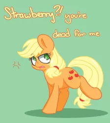 Size: 1682x1881 | Tagged: angry, apple, applejack, artist:lou, derpibooru import, dishonorapple, food, green background, no pupils, safe, simple background, solo, strawberry, that pony sure does hate strawberries