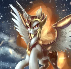 Size: 2800x2700 | Tagged: safe, artist:foughtdragon01, derpibooru import, edit, editor:aurelleah, daybreaker, alicorn, pony, armor, awesome, epic, female, fire, helmet, looking at you, mare, smiling, smirk, solo