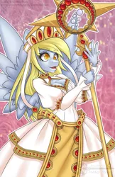 Size: 825x1275 | Tagged: anthro, artist:bumblebun, breasts, busty derpy hooves, cleavage, cleric, clothes, derpibooru import, derpy hooves, dress, fantasy class, female, healer, mare, part of a set, pegasus, safe, solo, staff