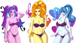 Size: 5850x3300 | Tagged: suggestive, artist:souladdicted, derpibooru import, edit, adagio dazzle, aria blaze, sonata dusk, equestria girls, rainbow rocks, abs, belly button, big breasts, bra, breasts, busty adagio dazzle, busty sonata dusk, cleavage, clothes, curvy, female, grin, hips, looking at you, panties, pinup, ponytail, purple underwear, smiling, stupid sexy adagio dazzle, stupid sexy aria blaze, stupid sexy sonata dusk, swimsuit, the dazzlings, thighs, underwear, wide hips