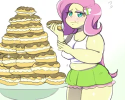 Size: 1280x1024 | Tagged: suggestive, artist:moemoehikikomori, derpibooru import, fluttershy, human, equestria girls, bbw, breasts, busty fluttershy, chubby, eating, eclair, fat, fattershy, female, food, image, muffin top, overeating, png, solo, solo female, this will end in weight gain