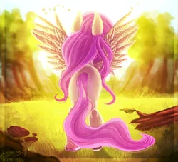 Size: 1600x1455 | Tagged: safe, artist:sakishithewolf, derpibooru import, fluttershy, forest, plot, rear view, signature, solo, spread wings, wings