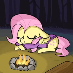 Size: 3300x3300 | Tagged: safe, artist:tjpones, derpibooru import, fluttershy, pegasus, pony, bottomless, campfire, clothes, commission, cute, eyes closed, female, forest, log, mare, night, partial nudity, shyabetes, sleeping, solo, sweater, sweatershy, tree, wings