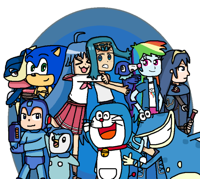 Size: 800x715 | Tagged: safe, artist:mighty355, derpibooru import, rainbow dash, greninja, piplup, popplio, equestria girls, blue, crossover, doraemon, fire emblem, fire emblem: awakening, globox, izumi konata, lana, lucina, lucky star, megaman, pokémon, rayman, simple background, sonic the hedgehog, sonic the hedgehog (series), transparent background