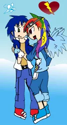 Size: 600x1116 | Tagged: artist:soni8888, crossover, derpibooru import, female, goggles, human, humanized, interspecies, male, rainbow dash, safe, shipping, sonicdash, sonic the hedgehog, sonic the hedgehog (series), straight, winged humanization, wings