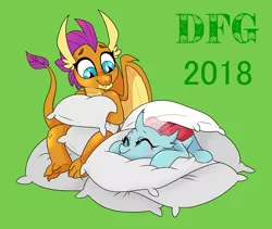 Size: 2407x2036 | Tagged: artist:dragonfoxgirl, blushing, changedling, changeling, cute, derpibooru import, diaocelles, dragon, dragoness, duo, eyes closed, female, green background, ocellus, pillow, safe, school daze, simple background, smolder, smolderbetes, that changeling sure does love pillows