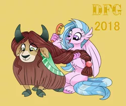 Size: 2407x2036 | Tagged: artist:dragonfoxgirl, braid, classical hippogriff, derpibooru import, female, hairbrush, hippogriff, lesbian, safe, school daze, shipping, silverstream, simple background, yak, yona, yonastream